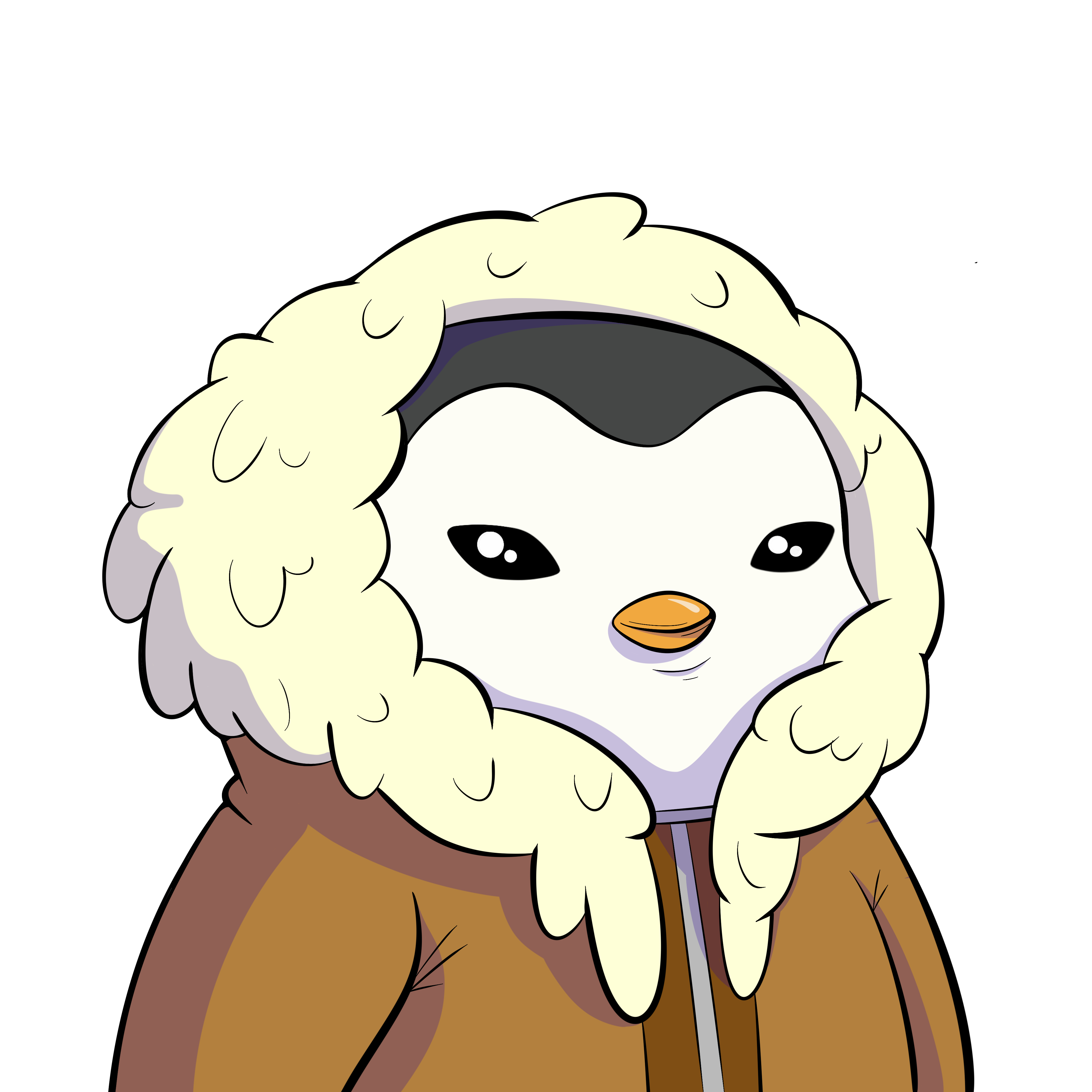 Penguin mascot wearing a fur parka