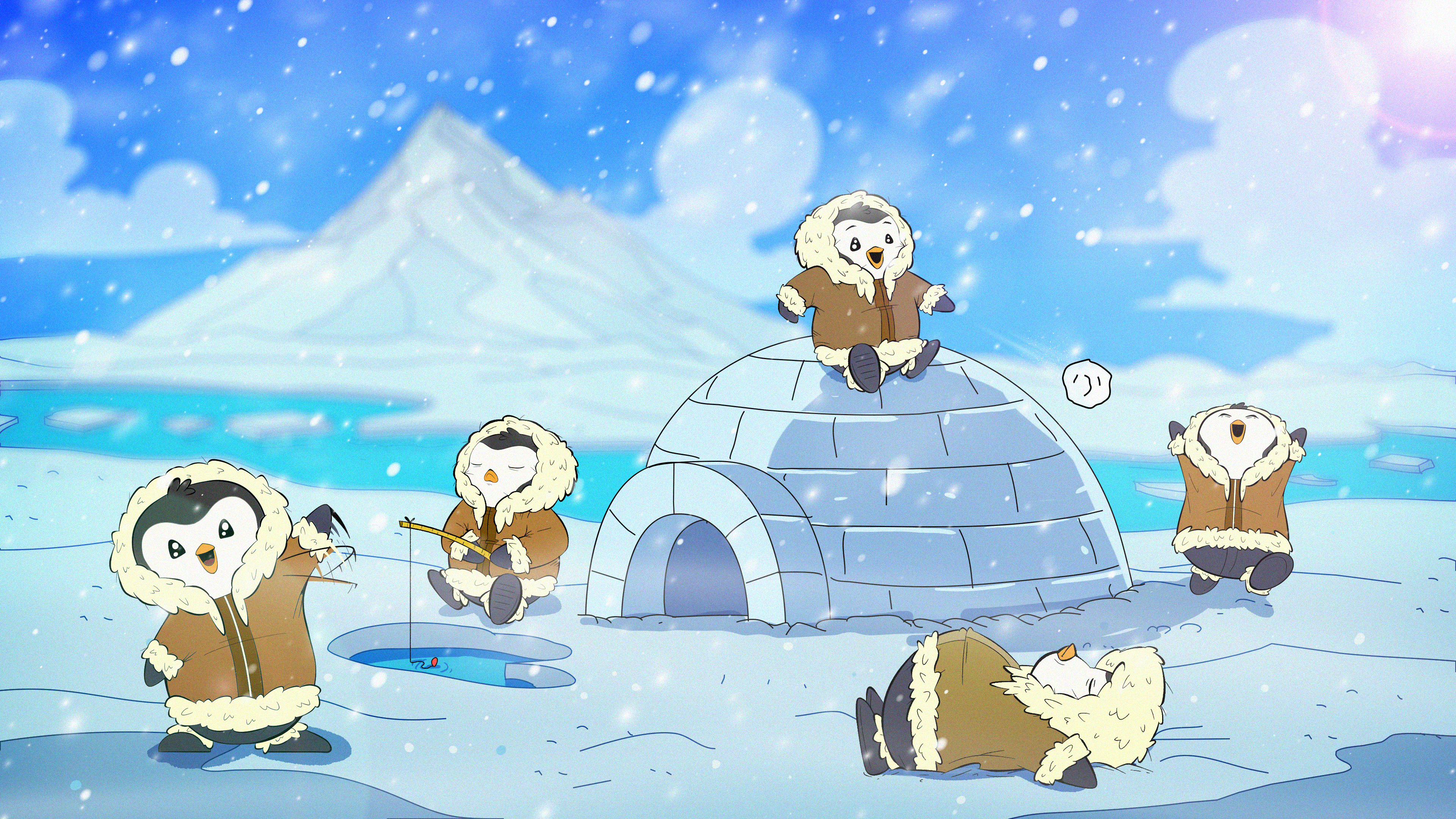 Cartoon penguins in parkas playing in the snow near an igloo with mountains in the background